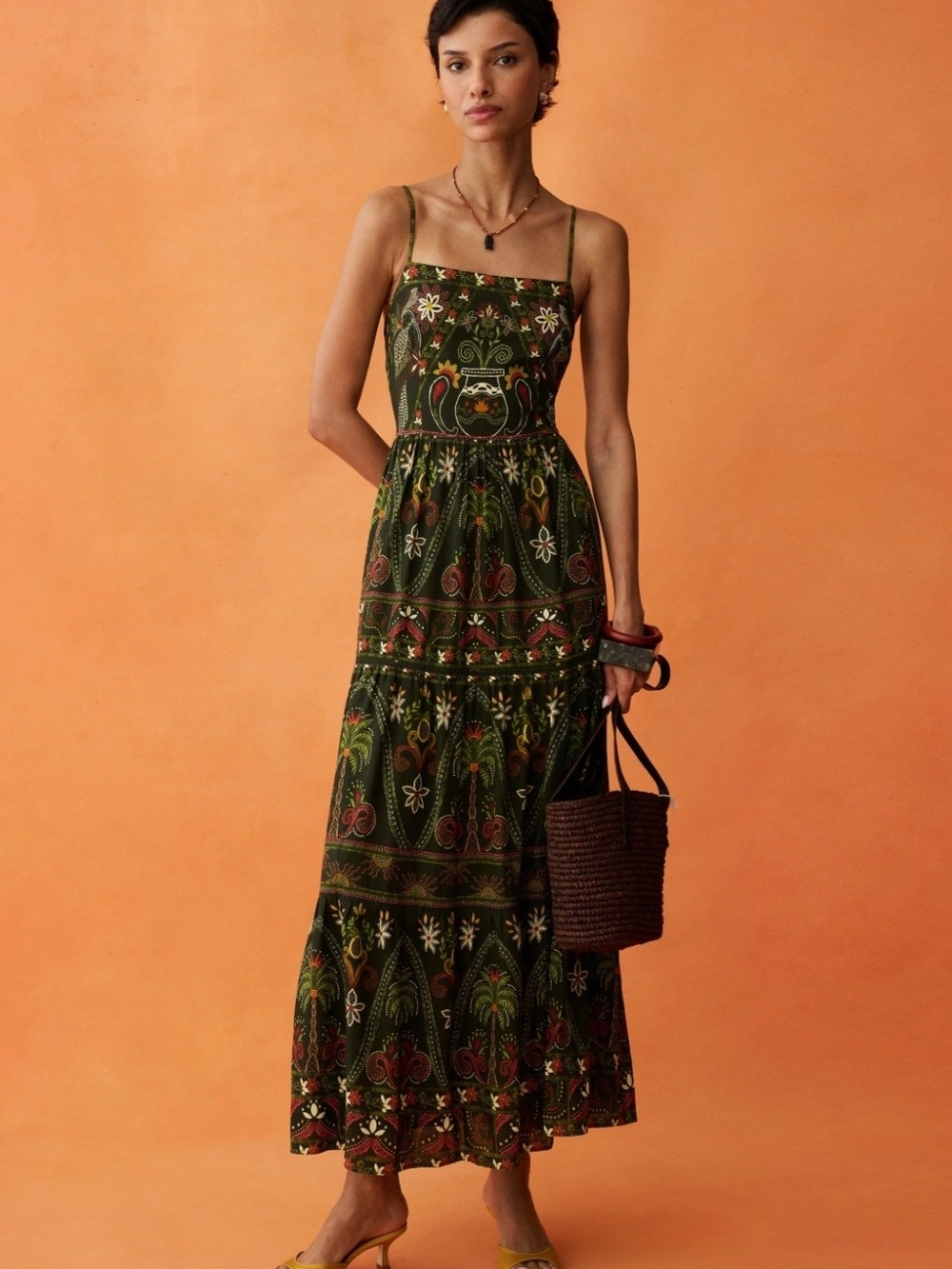 Few Moda Anaya Bohemian Dark Green Printed Spaghetti-Strap Maxi Dress